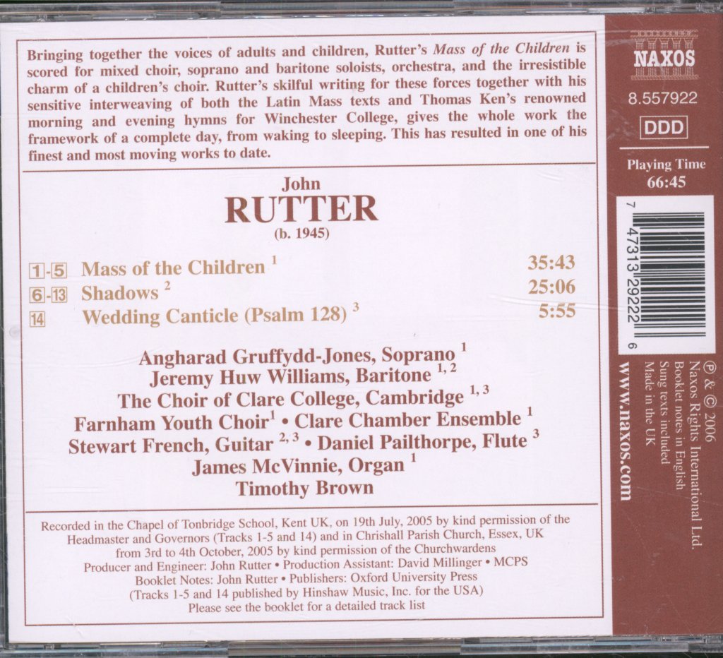Choir Of Clare College, Farnham Youth Choir, Timothy Brown - John Rutter - Mass Of The Children - Cd