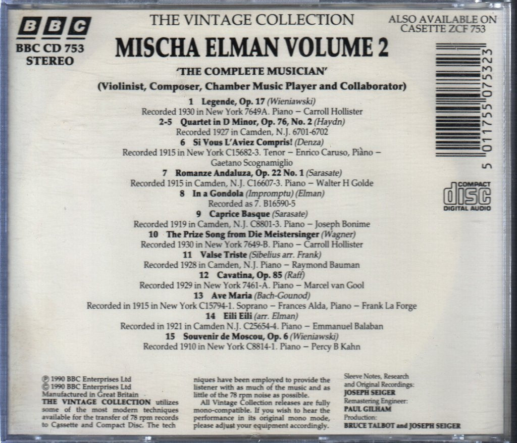 Mischa Elman - Volume 2 "The Complete Musician" - Cd