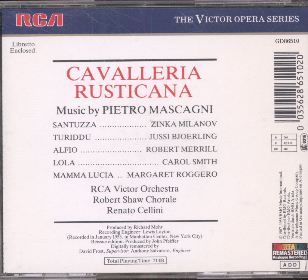 Zinka Milanov, Jussi Björling, Robert Merrill, RCA Victor Orchestra - Cavalleria Rusticana - Cd