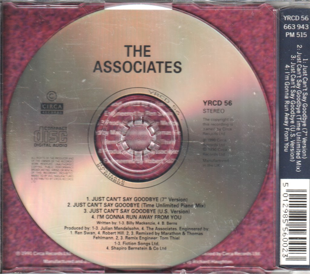 Associates - Just Can't Say Goodbye - Cd