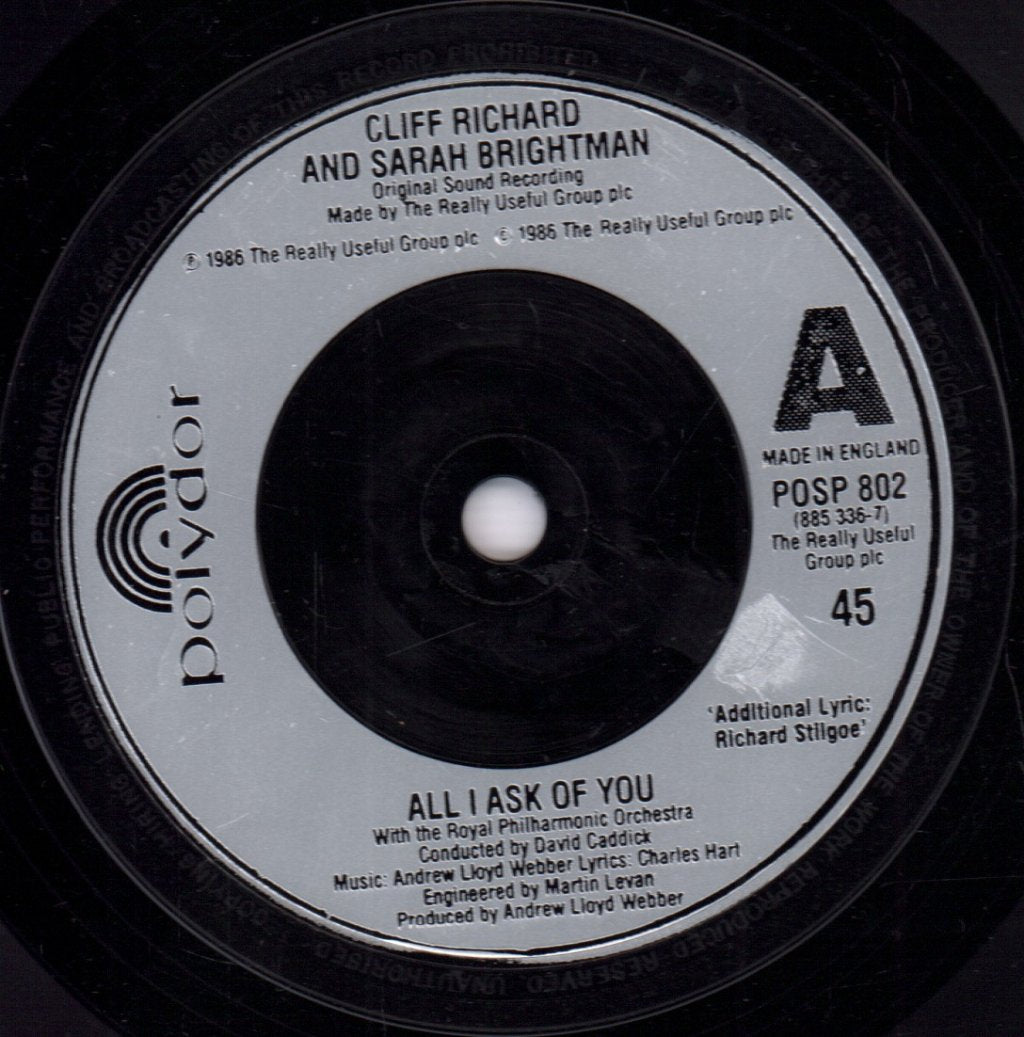 Cliff Richard And Sarah Brightman - All I Ask Of You - 7 Inch