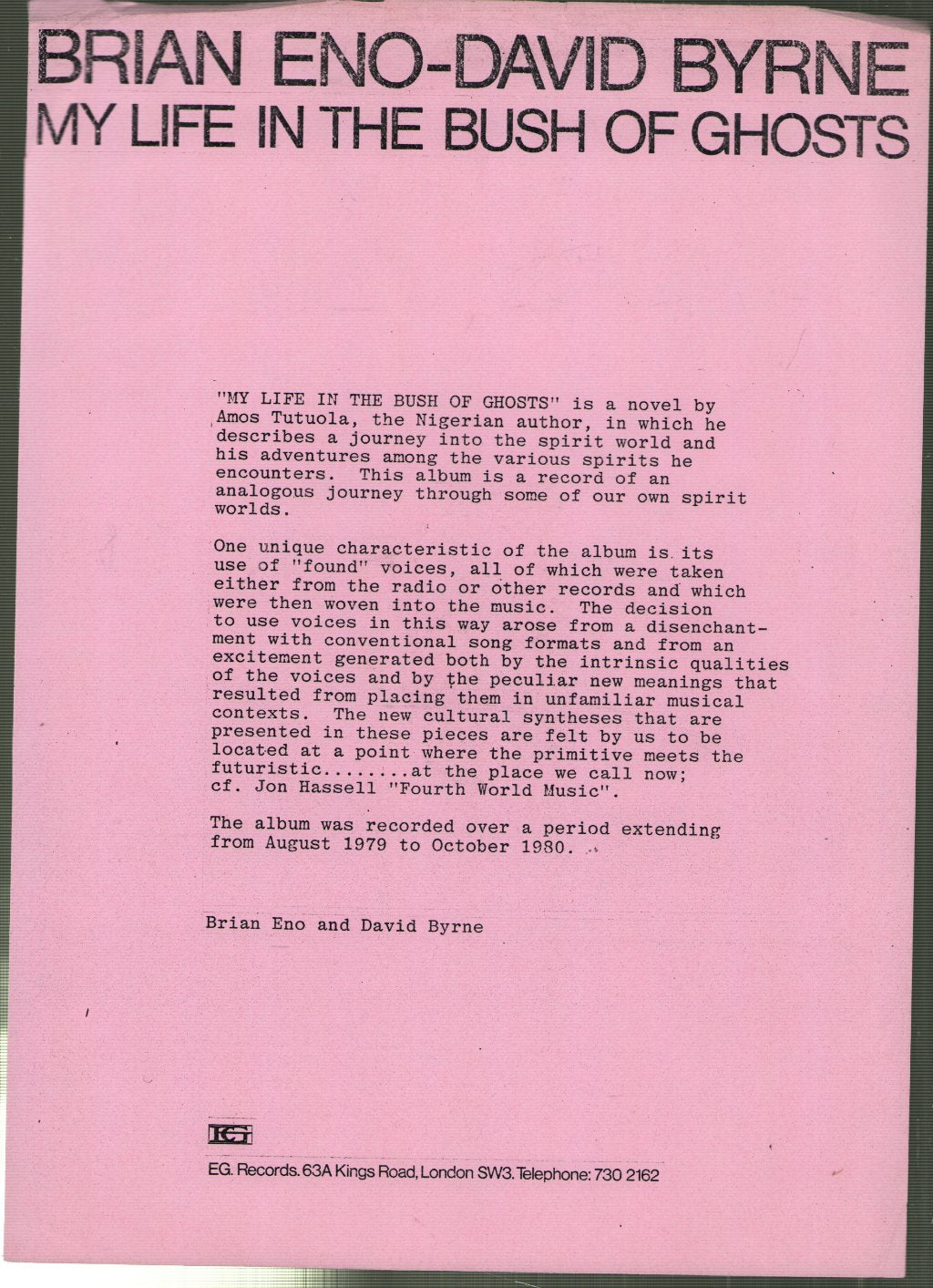 Brian Eno - Regiment - 12 Inch