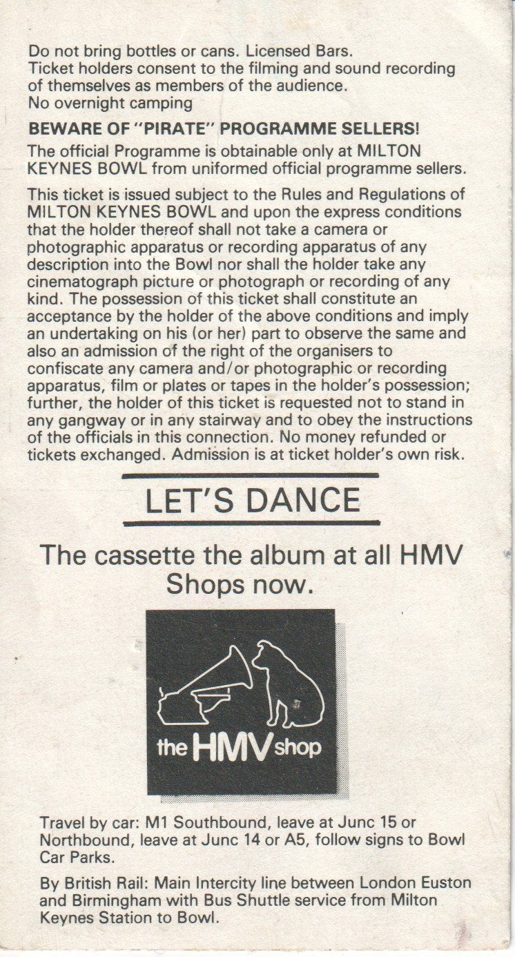 David Bowie - Milton Keynes Bowl 3rd july 1983 - Ticket
