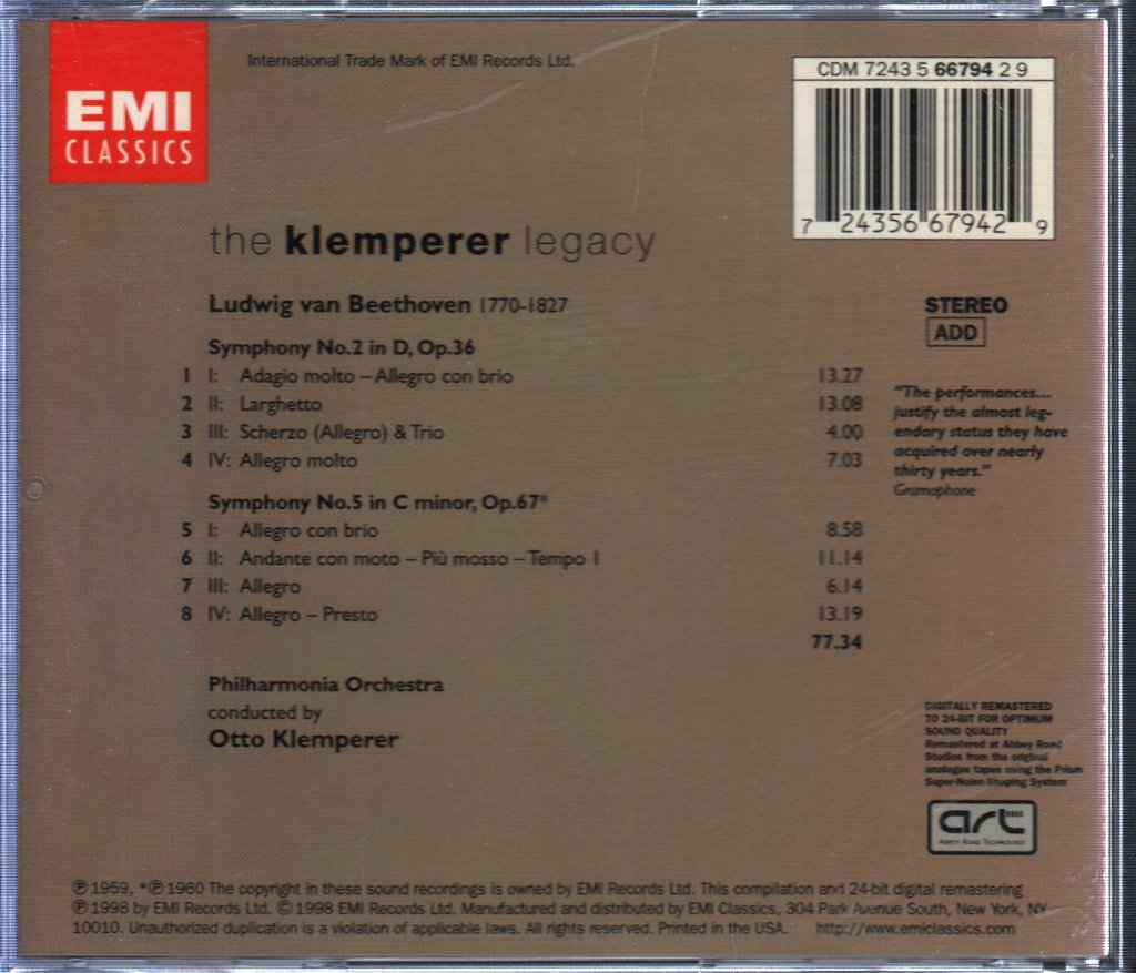 Philharmonia Orchestra - Klemperer Legacy • Beethoven • Symphonies 2 & 5 - Cd