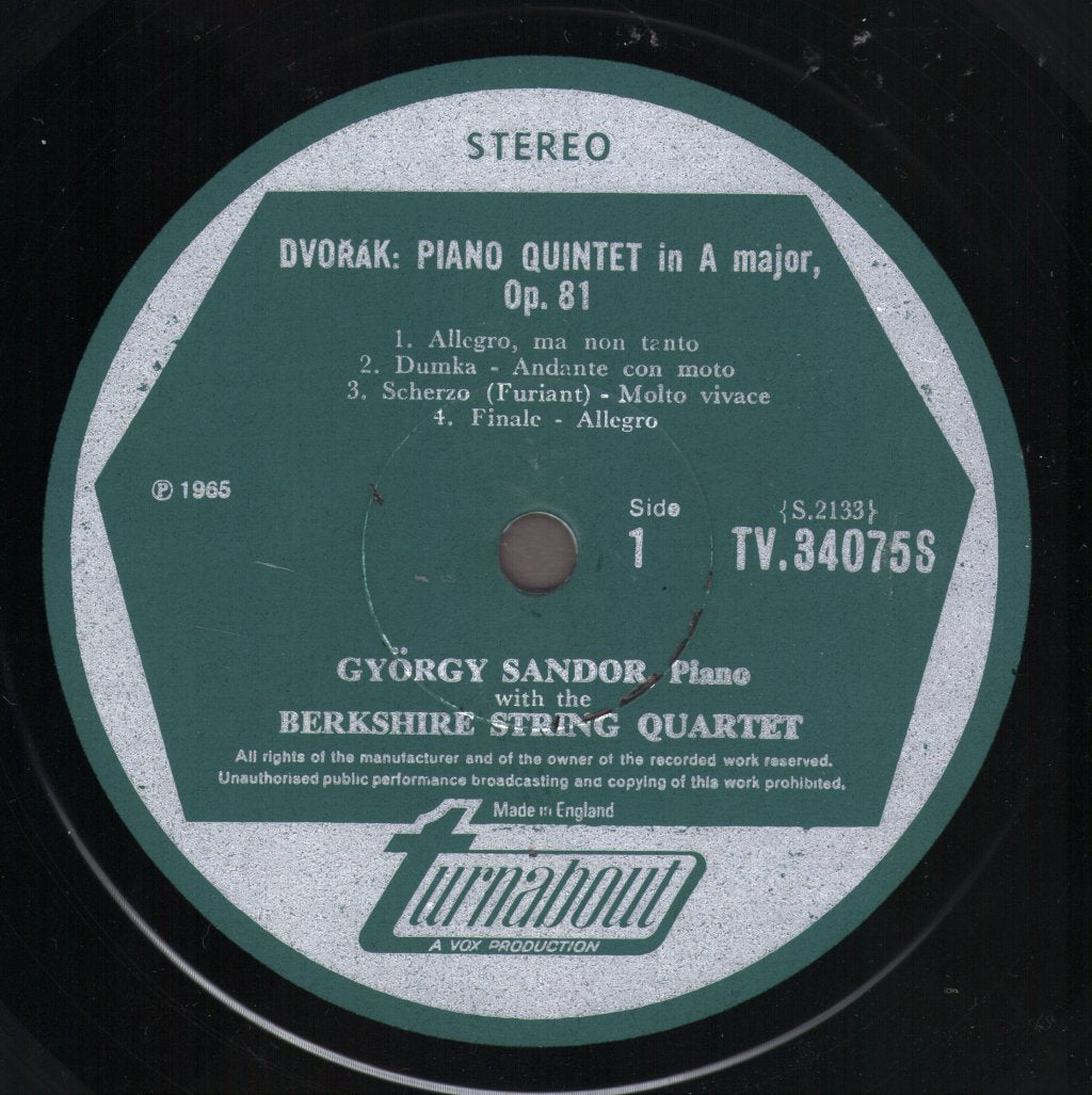 Gyorgy Sandor / Berkshire Quartet / Dumka Trio - Dvoark - Piano Quintet In A Major, B.155 / Piano Trio In E Minor, B.166 ("Dumky") - Lp