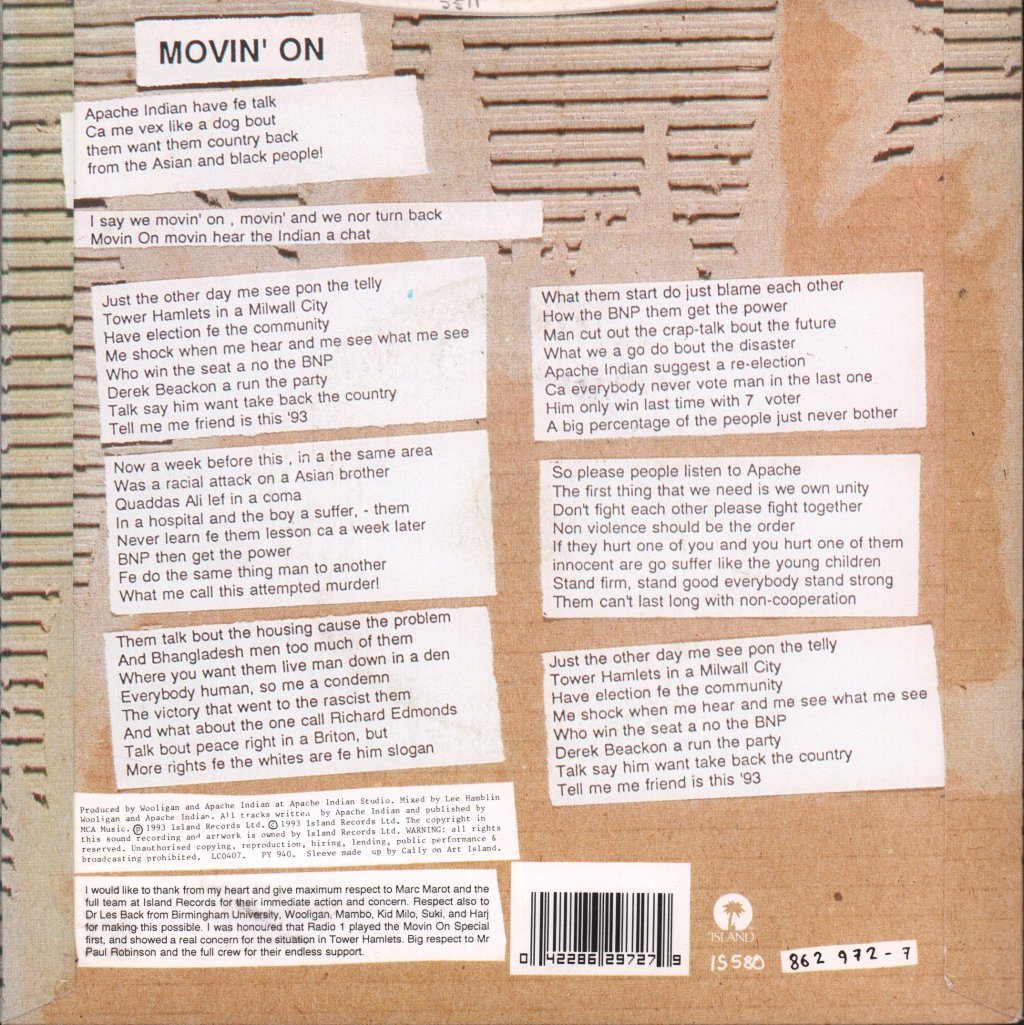 Apache Indian - Movin' On - 7 Inch