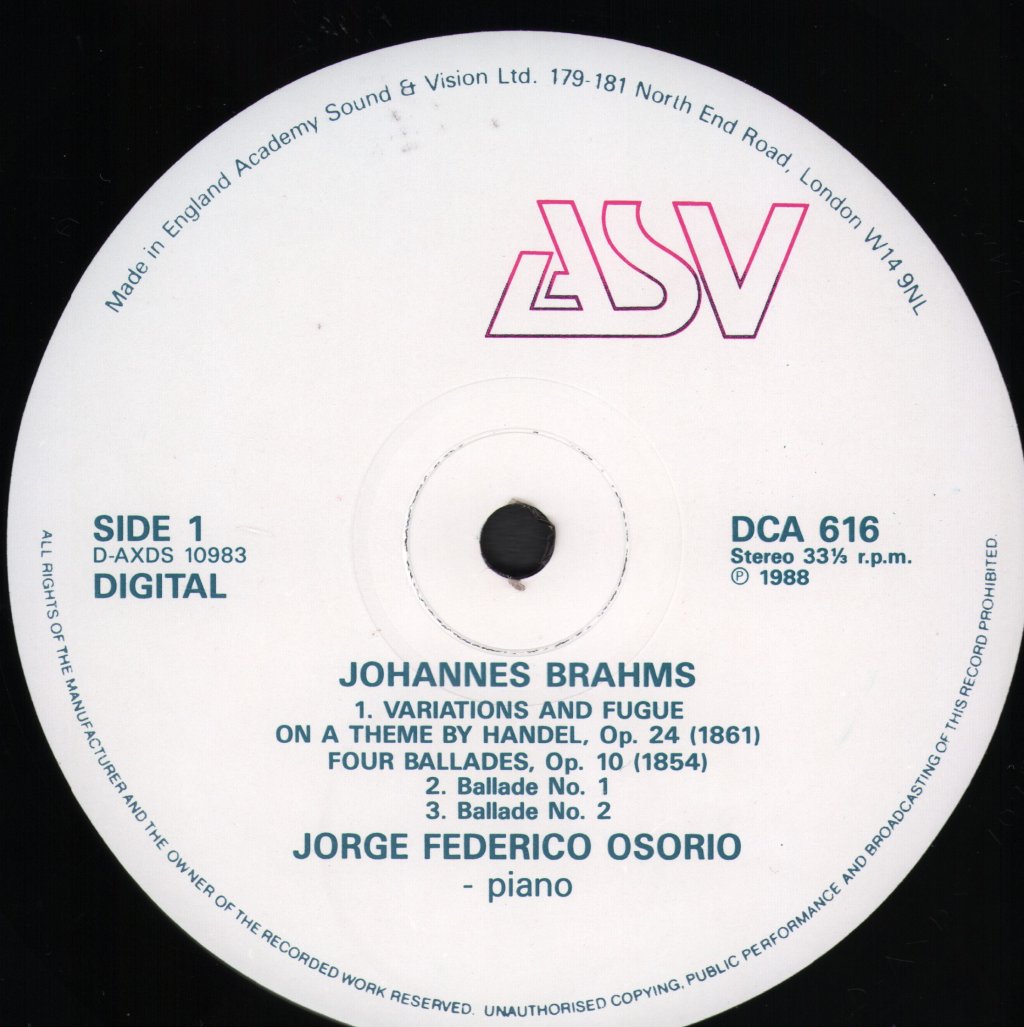 Jorge Federico Osorio - Brahms 4 Ballades / Handel Variations / Schumann Variations - Lp