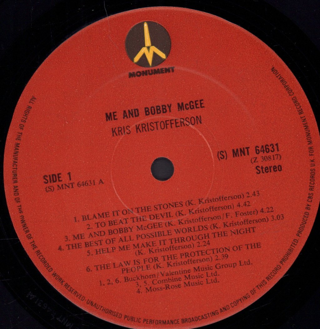 Kris Kristofferson - Me And Bobby Mcgee - Lp