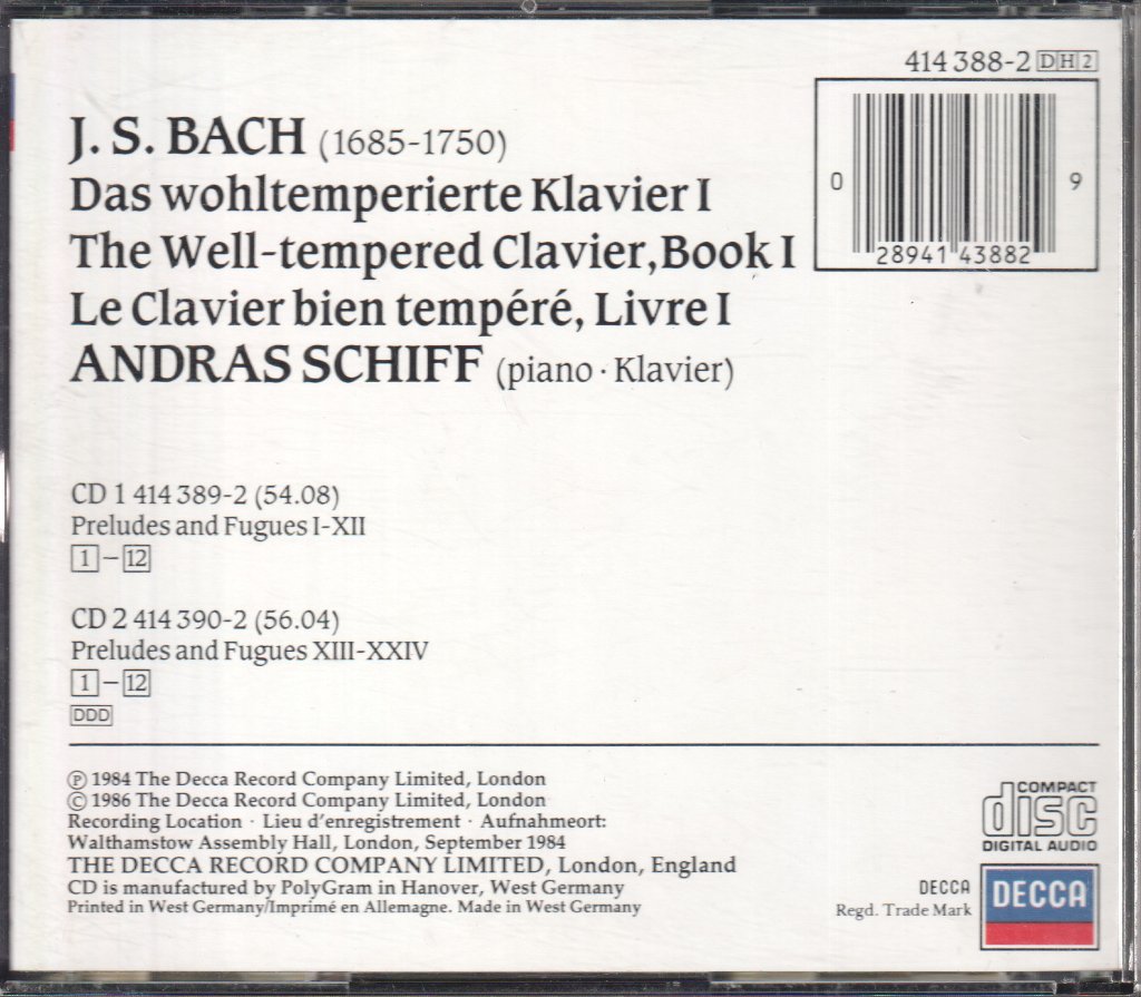András Schiff - Bach - Well-Tempered Clavier, Book I - Double Cd