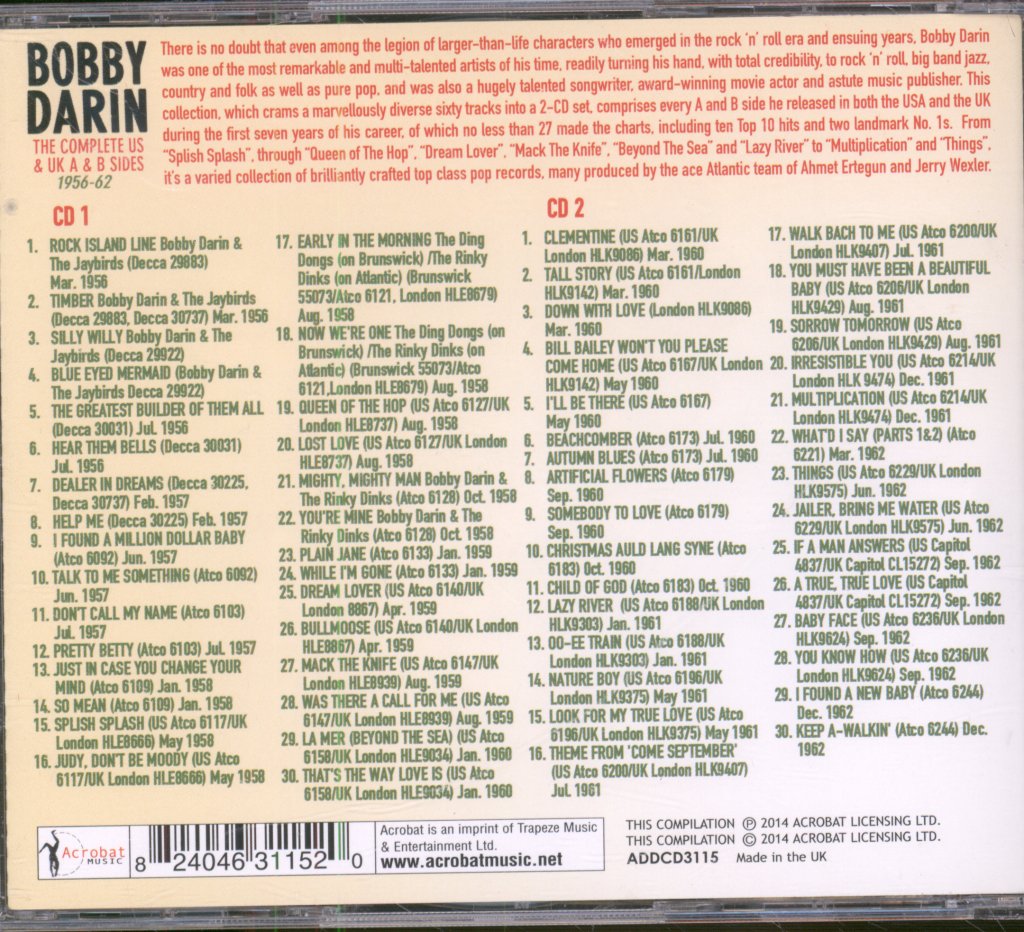 Bobby Darin - Complete US & UK A & B Sides 1956-62 - Double Cd