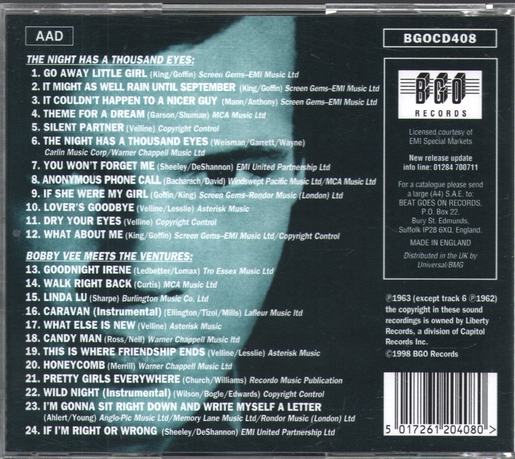 Bobby Vee - Night Has Thousand Eyes/ Bobby Vee Meets The Ventures - Cd