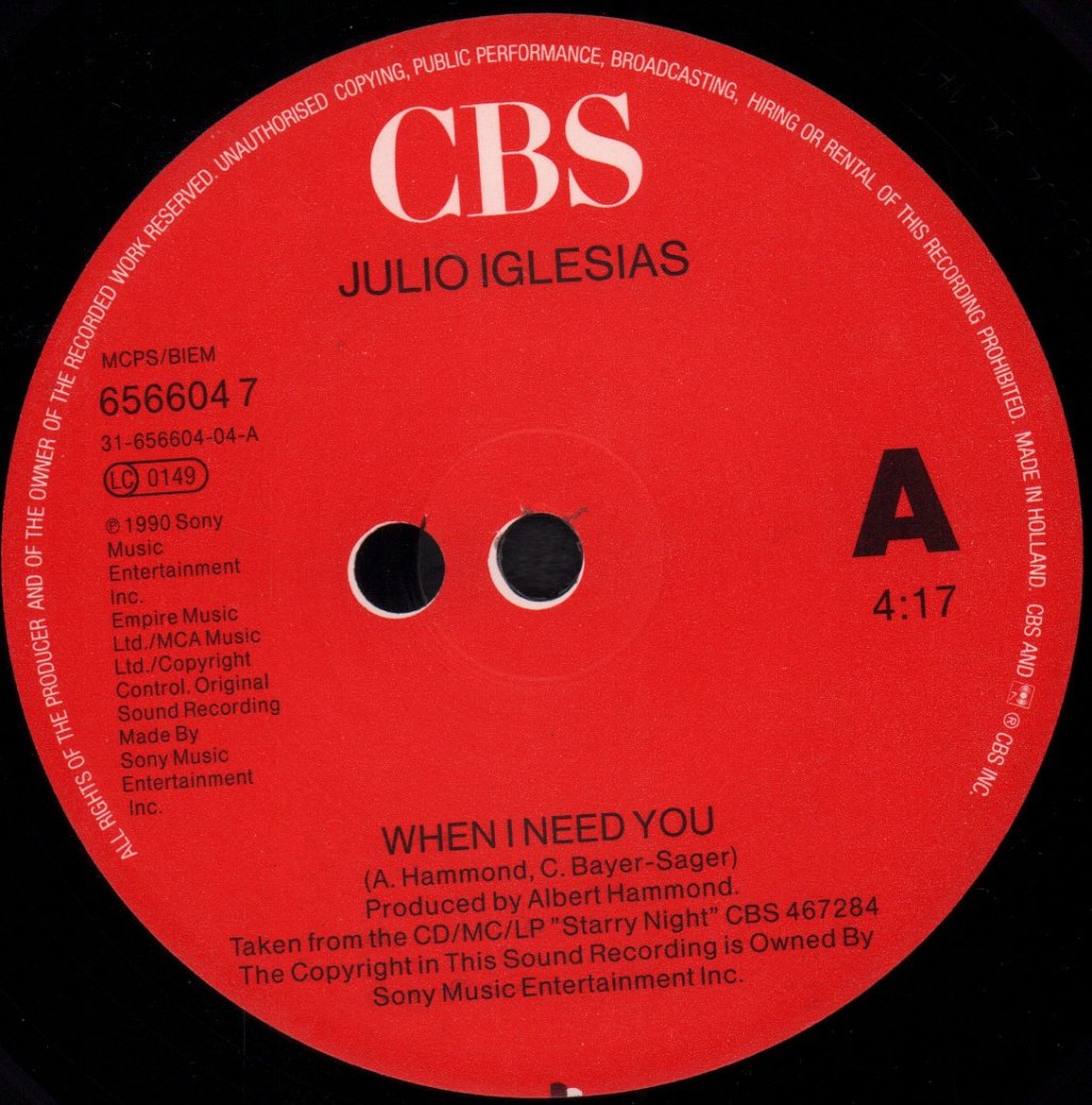 Julio Iglesias - When I Need You - 7 Inch