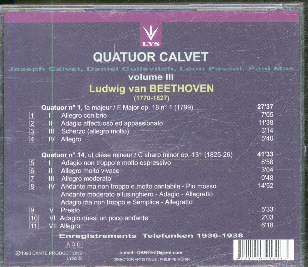 Quatuor Calvet - Beethoven - Quatuor N°1 En Fa Majeur Op.18 N°1 / Quatuor N°14 En Ut Dièse Mineur Op. 131 - Cd