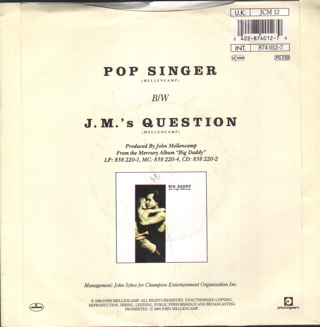 John Cougar Mellencamp - Pop Singer - 7 Inch