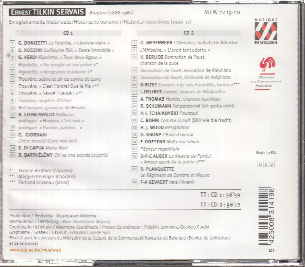 Ernest Tilkin Servais - Baryton (1888-1961) - Double Cd