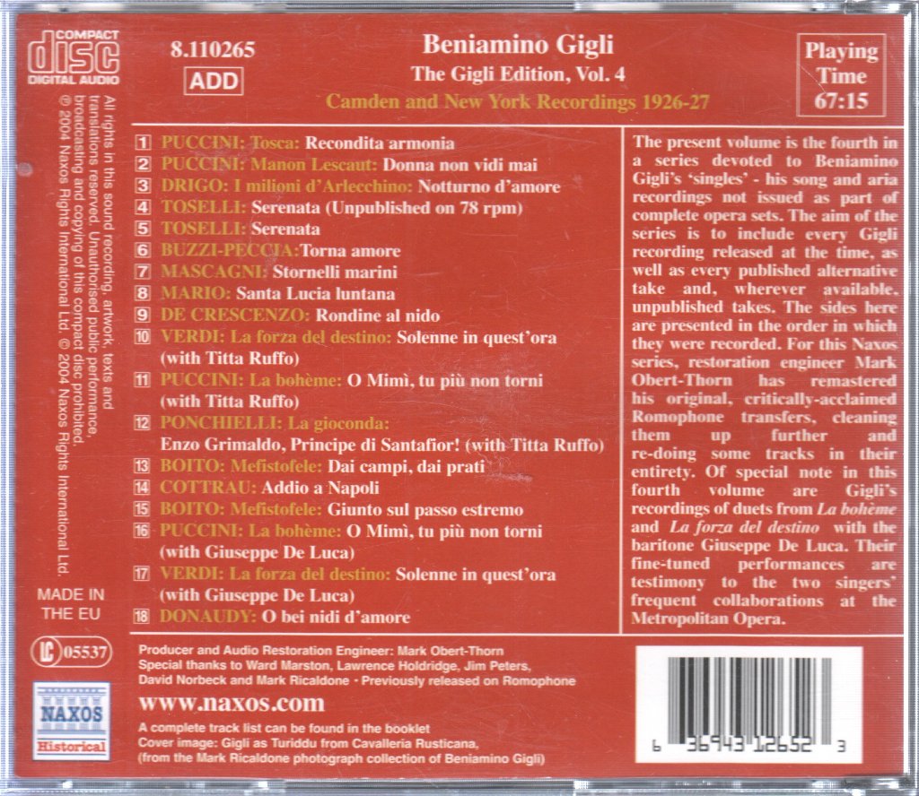 Beniamino Gigli - Gigli Edition No.4 : Camden And New York Recordings 1926-27 - Cd