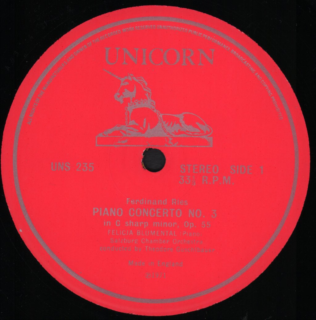 Felicja Blumental - Ferdinand Ries - Piano Concerto No. 3 In C Sharp Minor, Op. 55 / Carl Czerny - Variations On A Theme Of Haydn, Op. 73 - Lp