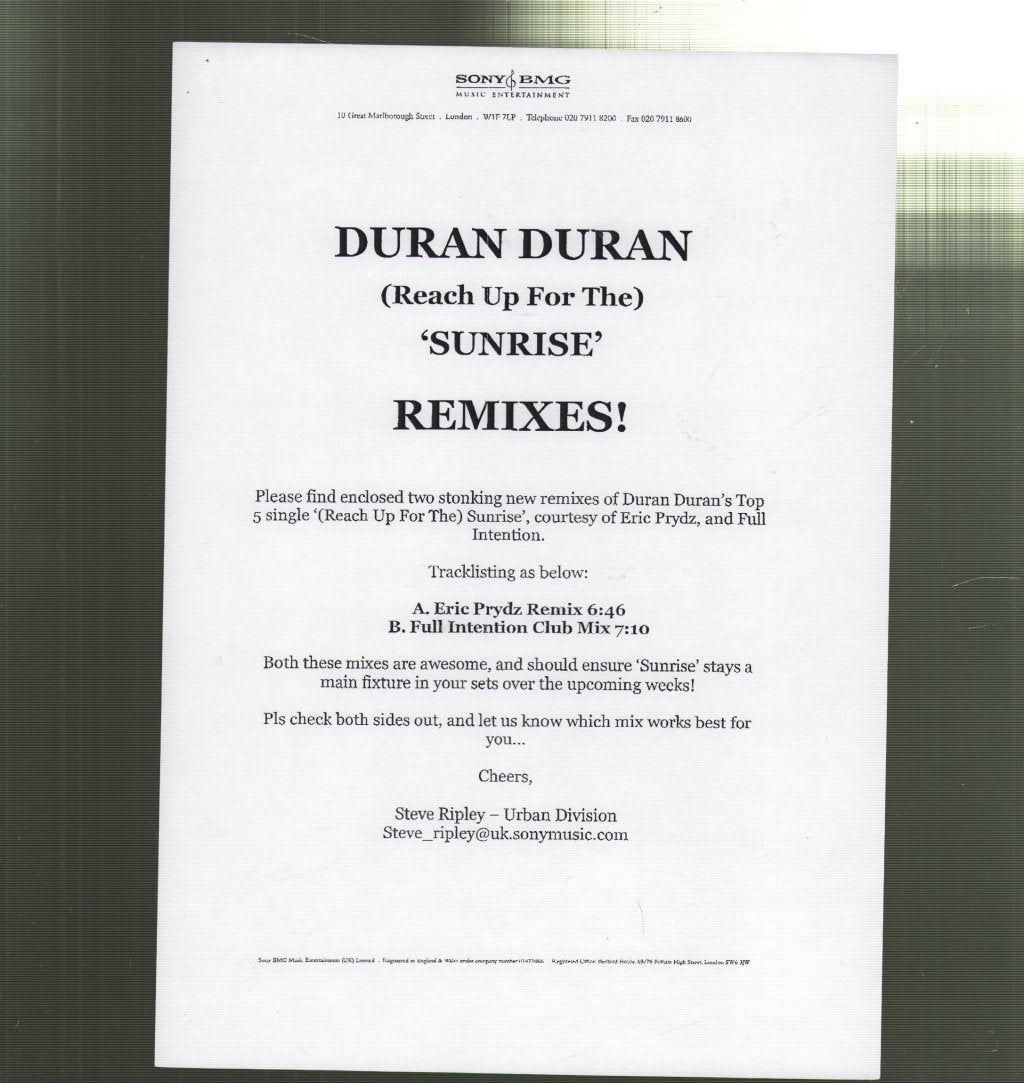 Duran Duran - (Reach Up For The) Sunrise (Remixes) - 12 Inch