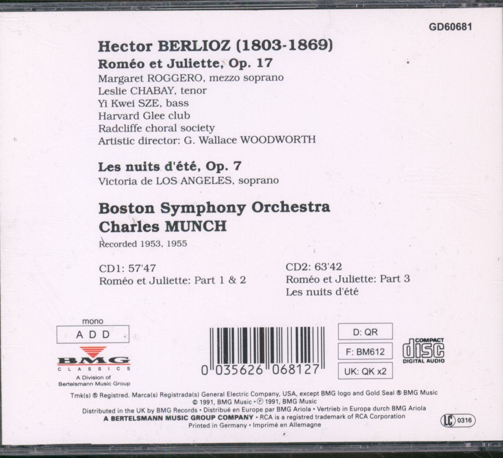 Boston Symphony Orchestra, Charles Munch - Berlioz - Romeo Et Juliette / Les Nuits D' Ete - Double Cd