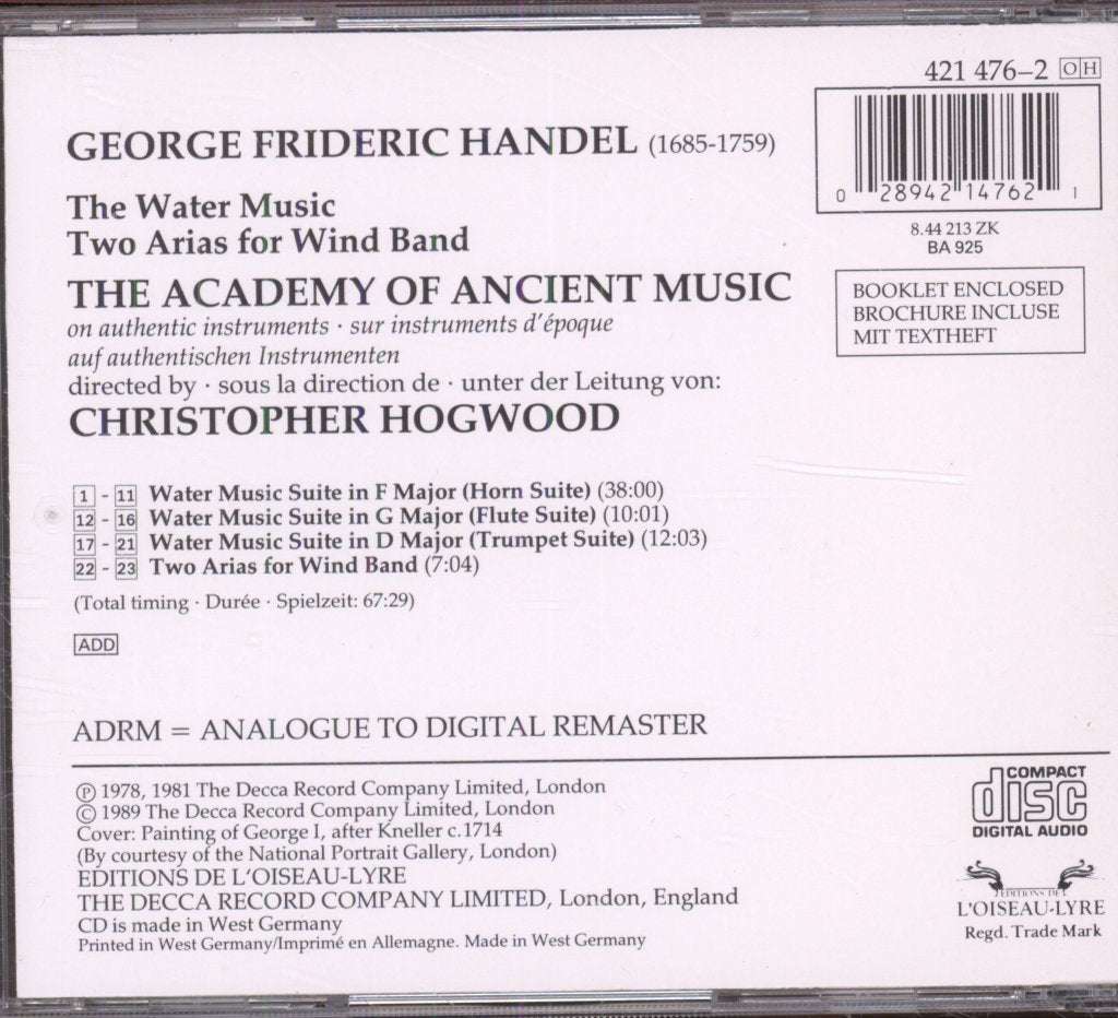 Academy Of Ancient Music, Christopher Hogwood - Handel - Water Music / Two Arias For Wind Band - Cd