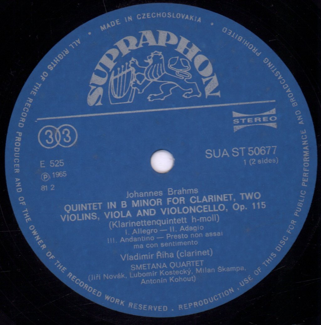 Smetana Quartet - brahms Quintet In B Minor Op. 115 / mozart Duo In G Major K. 423 - Lp