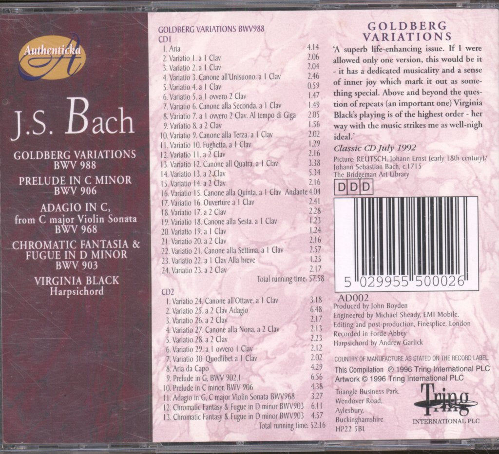 Virginia Black - Bach - Goldberg Variations BWV 988 (includes All Repeats) - Double Cd