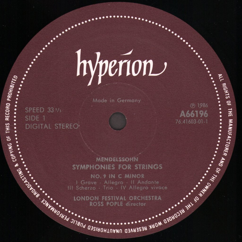 London Festival Orchestra / Ross Pople - Mendelssohn String Symphonies: 9 In C Minor / 10 In B Minor / 12 In G Minor - Lp
