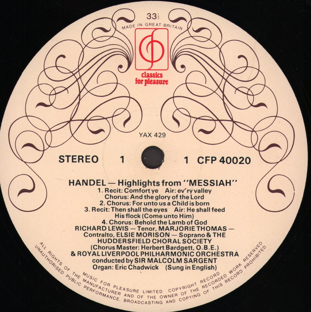 Huddersfield Choral Society / Sir Malcolm Sargent - Handel - Highlights From Messiah - Lp