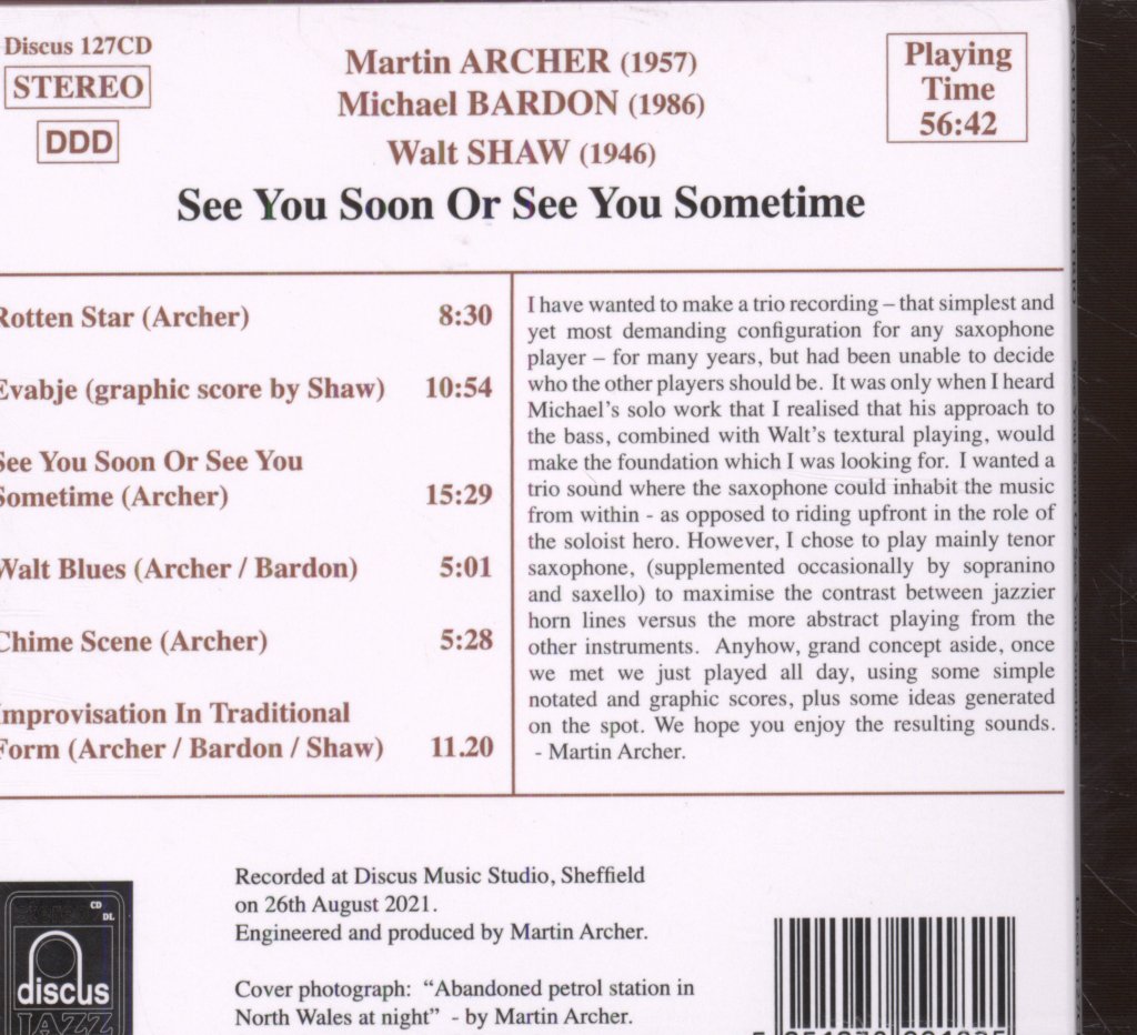 Martin Archer Trio - See You Soon Or See You Sometime - Cd
