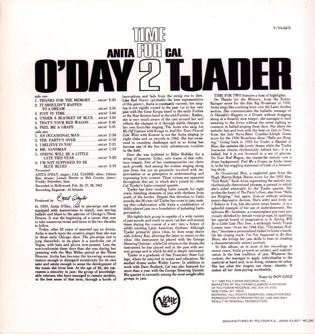 Anita O'day And Cal Tjader - Time For 2 - Lp