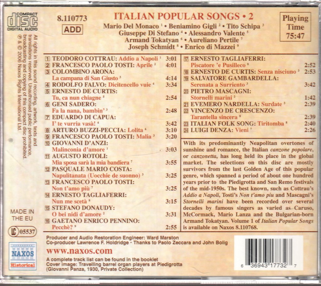 Various Artists - Italian Popular Songs 2 - Addio A Napoli / Aprile / Stornelli Marina / Malia And Many More - Cd