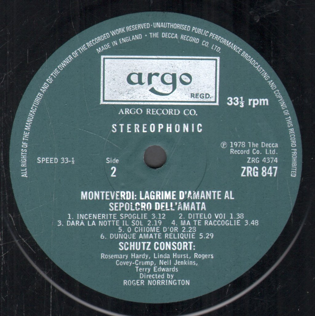 Schutz Choir Of London / Roger Norrington - Schutz - Motets Nos 4-8 (Quid Commisisti) / Monteverdi - Lagrime D'Amante Al Sepolcro Dell'Amata - Lp