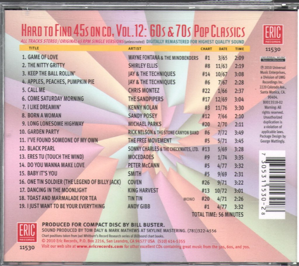 Various Artists - Hard To Find 45s On CD Volume 12: 60s & 70s Pop Classics - Cd
