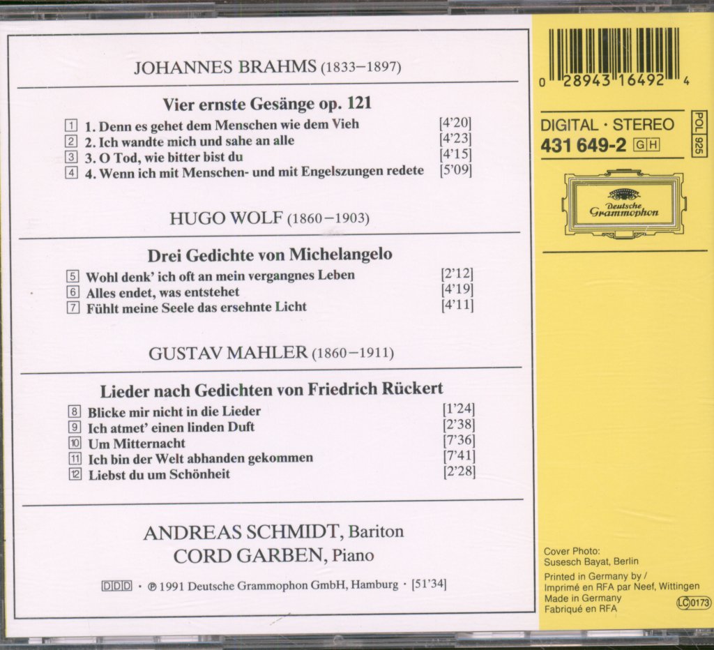 Andreas Schmidt • Cord Garben - Brahms, Wolf, Mahler - Lieder - Cd