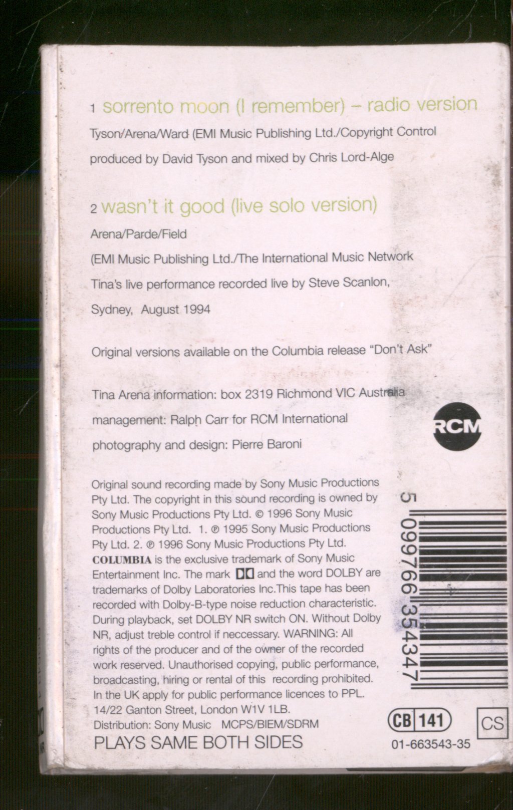 Tina Arena - Sorrento Moon (I Remember) - Cassette