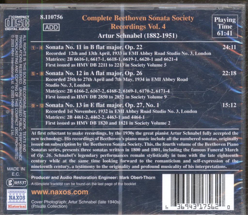 Artur Schnabel - Beethoven - Piano Works Vol. 4: Sonatas Nos. 11-13 - Cd