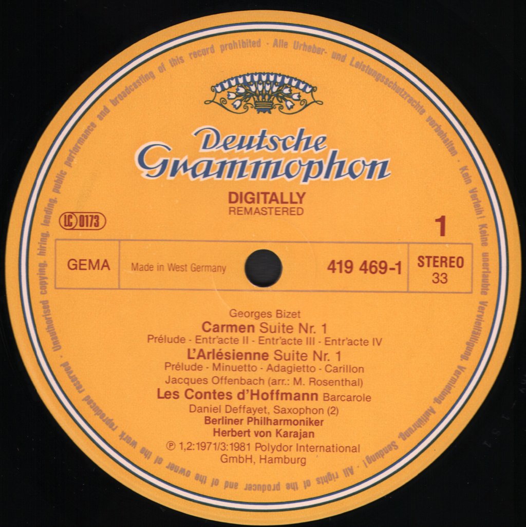 Herbert Von Karajan / Berlin Philharmonic Orchestra - Bizet - Carmen-Suite Nr. 1, L'Arlésienne-Suiten Nr. 1 & 2, Offenbach - Barkarole, Ouvertüre "Orpheus In Der Unterwelt" - Lp