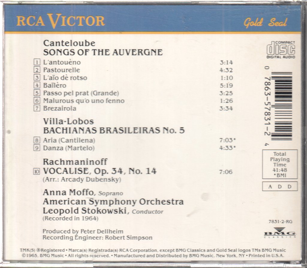 Anna Moffo, American Symphony Orchestra, Leopold Stokowski - Canteloube / Villa Lobos / Rachmaninoff - Songs Of The Auvergne / Bachianas Brasileiras No. 5 / Vocalise - Cd