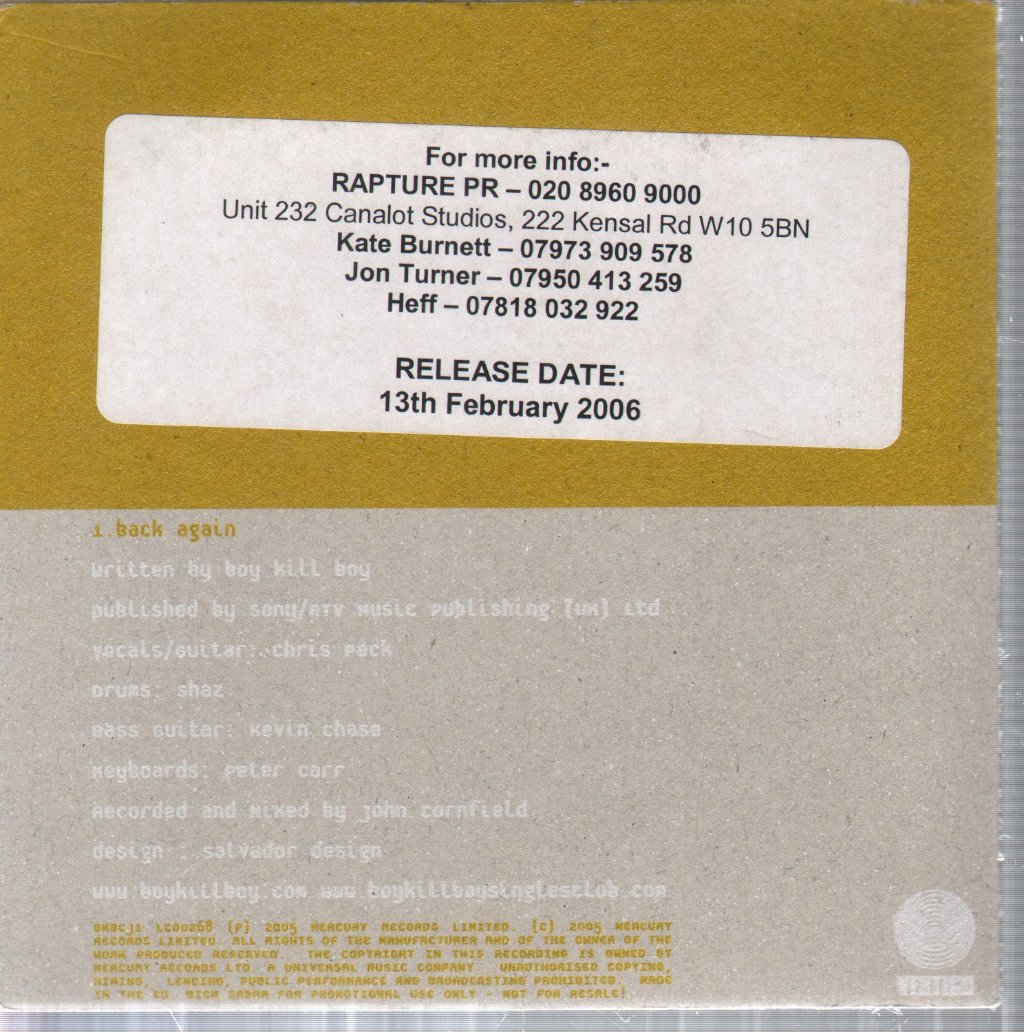 Boy Kill Boy - Back Again - Cd