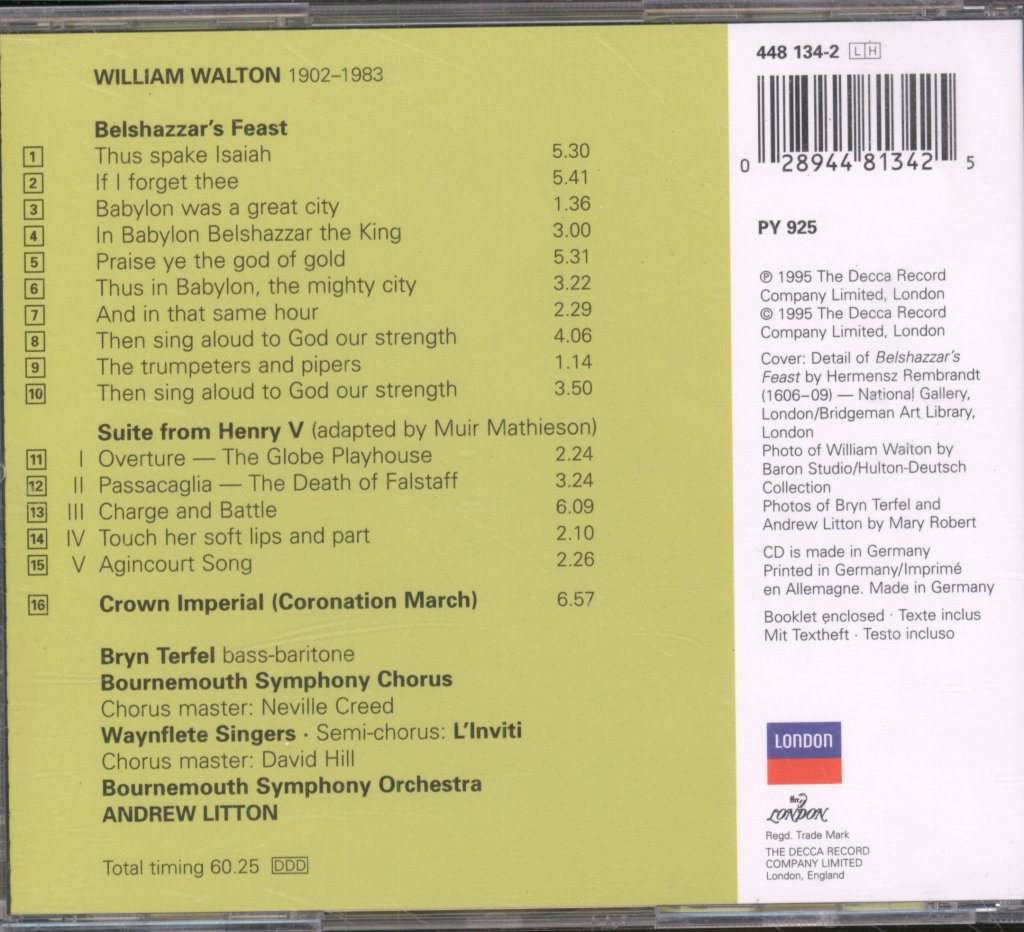 Bryn Terfel • Bournemouth Symphony Orchestra - William Walton - Belshazzar's Feast / Henry V Suite - Cd