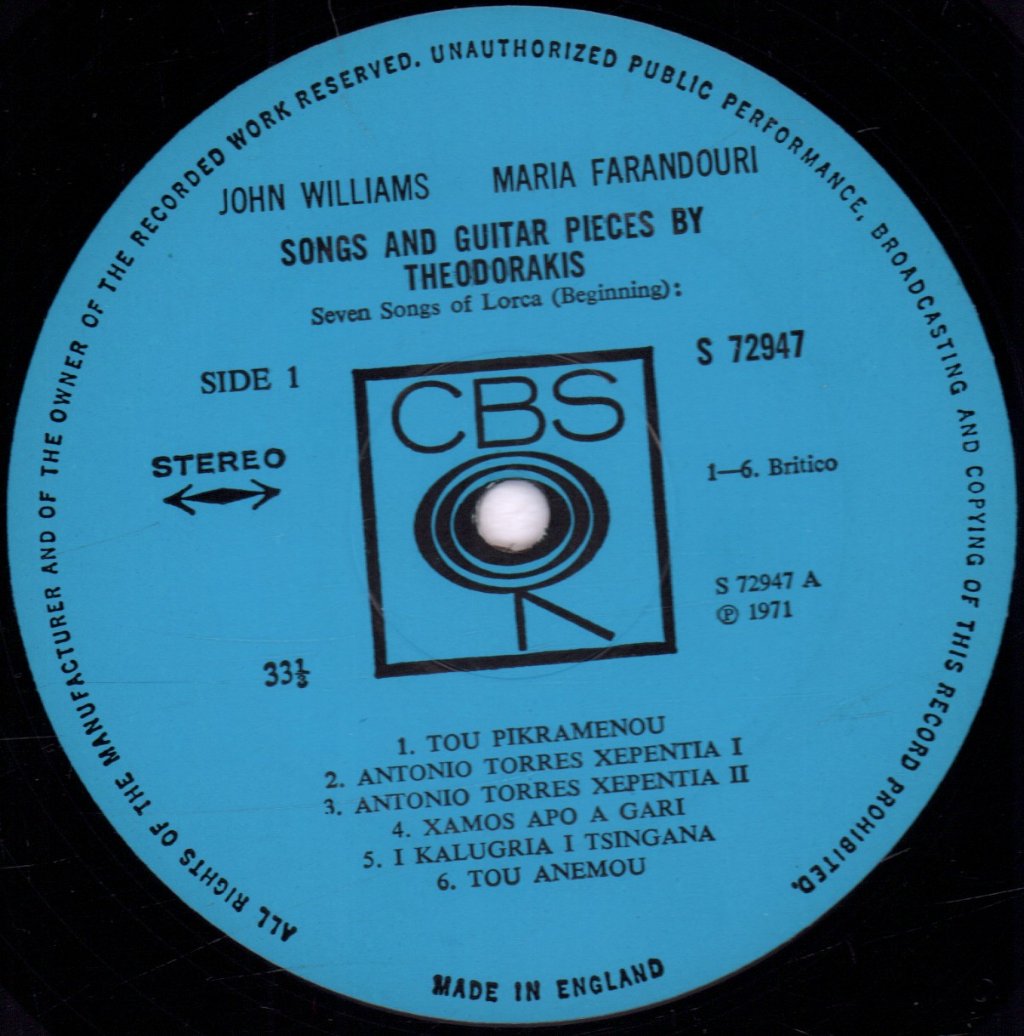 john williams maria farandouri - Songs And Guitar Pieces By Theodorakis - Lp