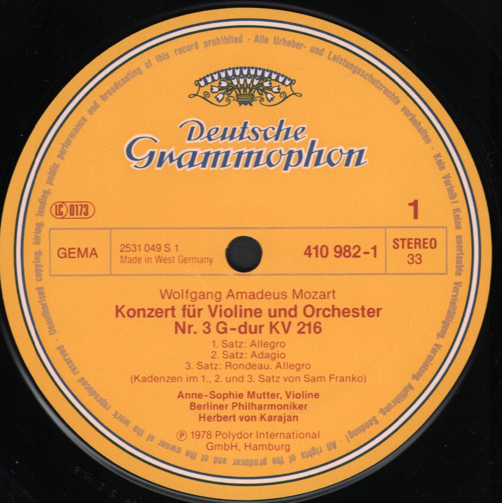 Anne-Sophie Mutter / Herbert Von Karajan / Berlin Philharmonic Orchestra - Mozart Violin Concertos Nos 3&5 - Lp
