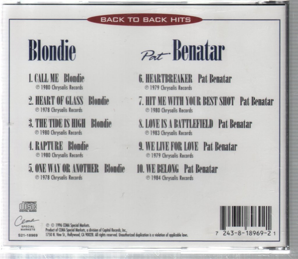 Blondie/Pat Benatar - Back To Back Hits - Cd
