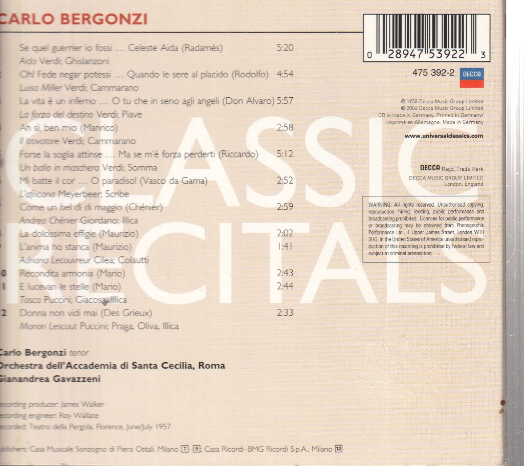 Carlo Bergonzi - Operatic Recital - Cd