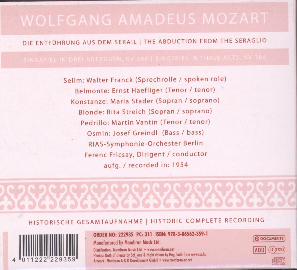 Ferenc Fricsay - Mozart - Die Entführung Aus Dem Serail - The Abduction From The Seraglio - Double Cd