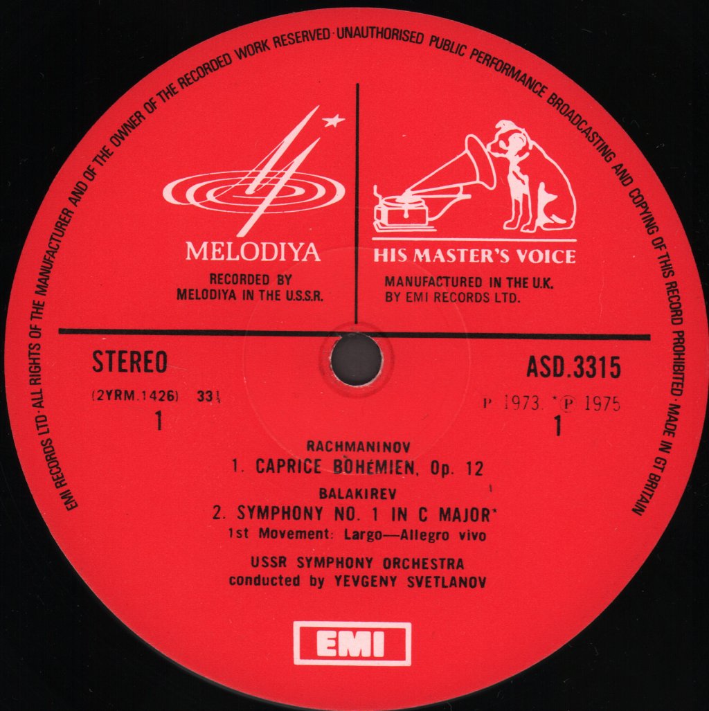 USSR Symphony Orchestra / Yevgeny Svetlanov - Balakirev - Symphony No. 1 / Rachmaninov - Caprice Bohémien - Lp