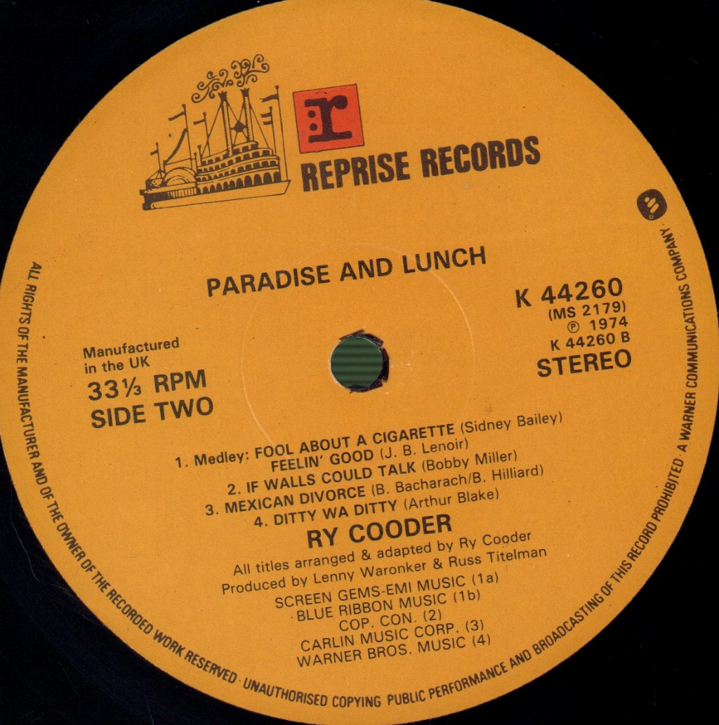 Ry Cooder - Paradise And Lunch - Lp