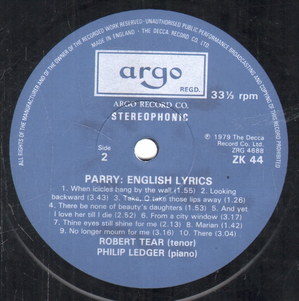 Robert Tear And Philip Ledger - Parry English Lyrics - Lp