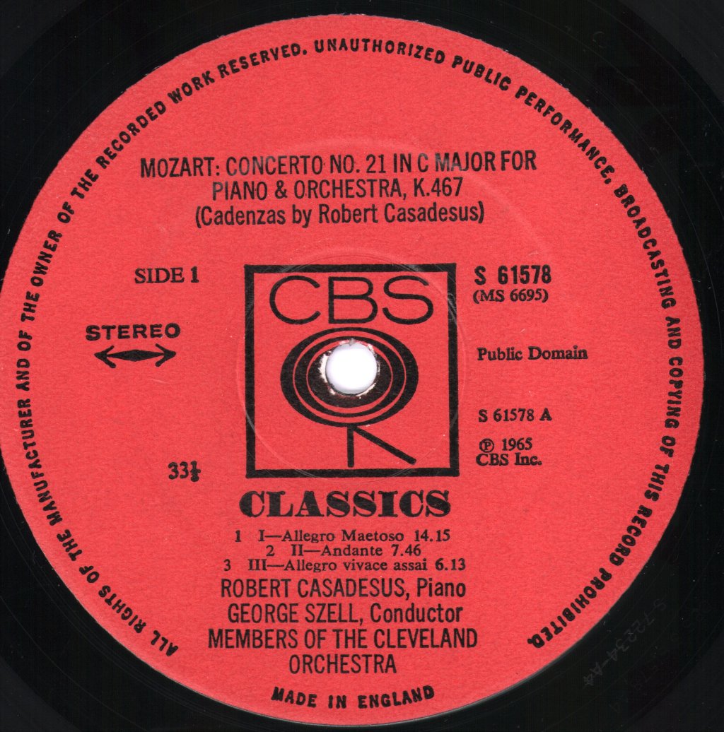 Robert Casadesus / George Szell / Cleveland Orchestra - Mozart - Piano Concerto No. 21 'Elvira Madigan' / Piano Concerto No. 24 - Lp