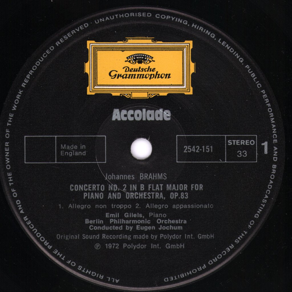Emil Gilels / Philharmonic Orchestra / Eugen Jochum - Johannes Brahms - Piano Concerto No 2 - Lp